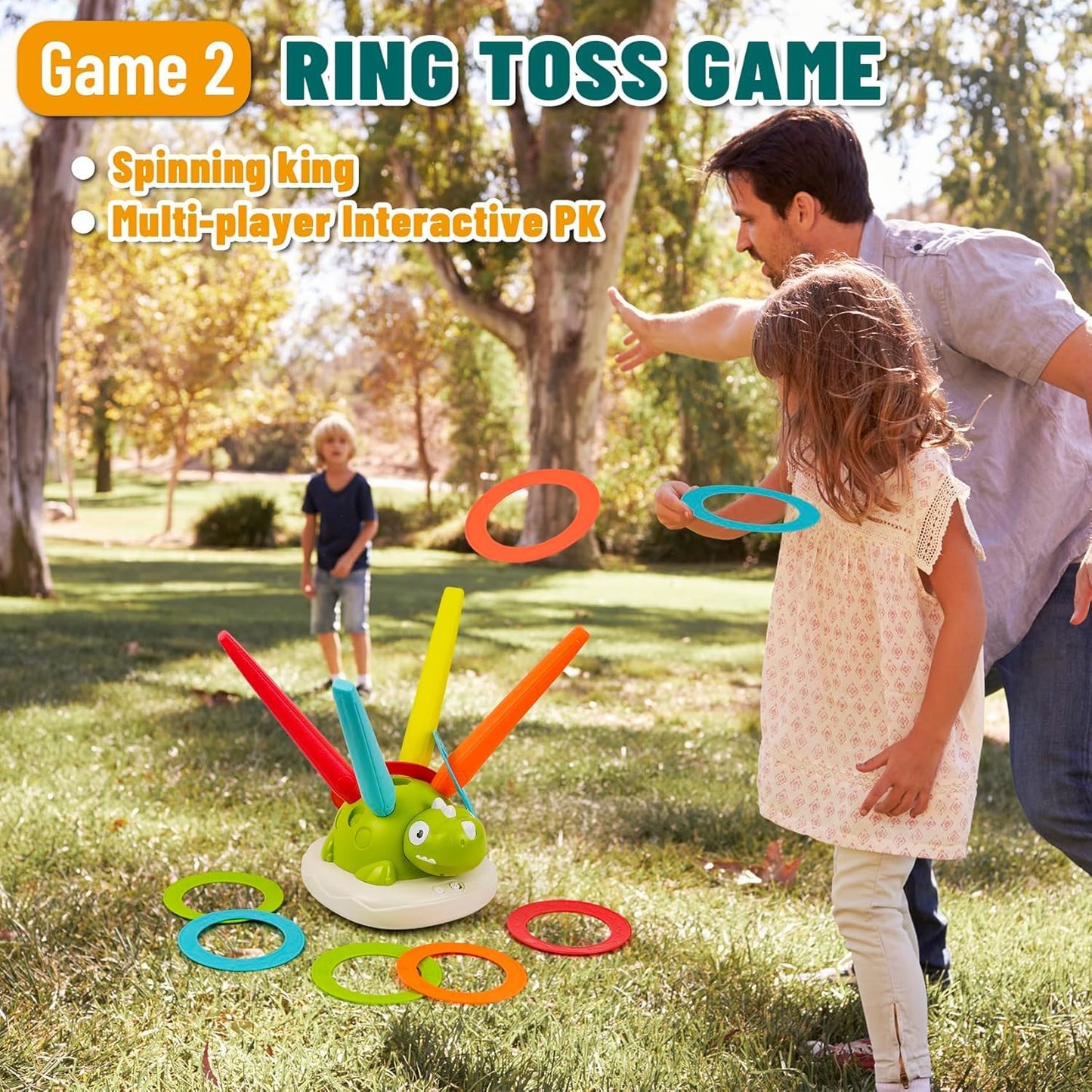 SKY-TOUCH 3-in-1 Dinosaur Stomp Rocket Launcher Toy with Music, Ring Toss & Jump Game, Remote Control Indoor Outdoor Active Play Educational Toys for Kids Ages 3-8, Birthday Gift for Boys and Girls