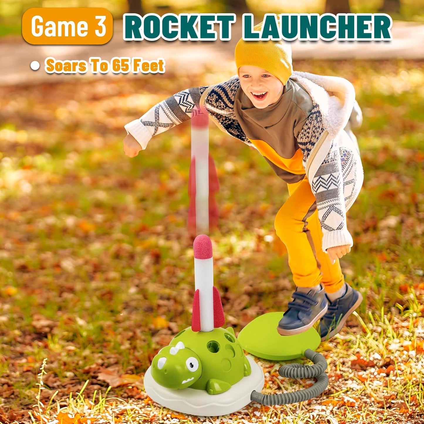 SKY-TOUCH 3-in-1 Dinosaur Stomp Rocket Launcher Toy with Music, Ring Toss & Jump Game, Remote Control Indoor Outdoor Active Play Educational Toys for Kids Ages 3-8, Birthday Gift for Boys and Girls