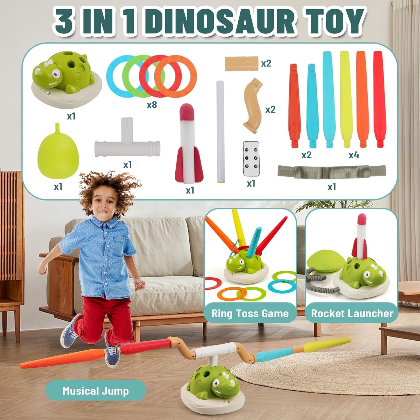 SKY-TOUCH 3-in-1 Dinosaur Stomp Rocket Launcher Toy with Music, Ring Toss & Jump Game, Remote Control Indoor Outdoor Active Play Educational Toys for Kids Ages 3-8, Birthday Gift for Boys and Girls