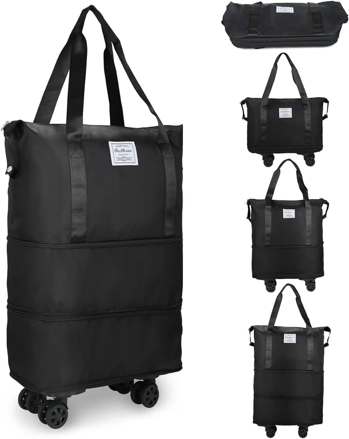SKY-TOUCH Expandable Extra Large Travel Oxford Duffel Bag with Wheels, Expandable Foldable Luggage Bag, Suitcase with Spinner Wheels, Duffel Bag for Men and Women Lightweight Suitcases, Black
