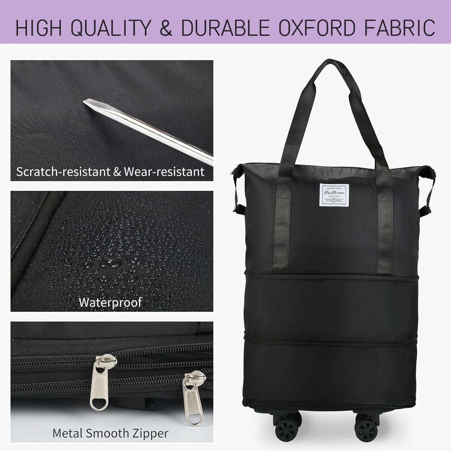 SKY-TOUCH Expandable Extra Large Travel Oxford Duffel Bag with Wheels, Expandable Foldable Luggage Bag, Suitcase with Spinner Wheels, Duffel Bag for Men and Women Lightweight Suitcases, Black