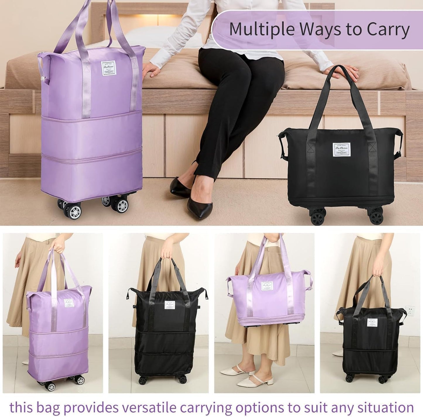 SKY-TOUCH Expandable Extra Large Travel Oxford Duffel Bag with Wheels, Expandable Foldable Luggage Bag, Suitcase with Spinner Wheels, Duffel Bag for Men and Women Lightweight Suitcases, Black