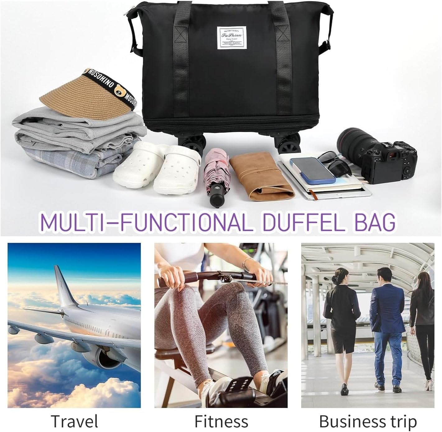 SKY-TOUCH Expandable Extra Large Travel Oxford Duffel Bag with Wheels, Expandable Foldable Luggage Bag, Suitcase with Spinner Wheels, Duffel Bag for Men and Women Lightweight Suitcases, Black