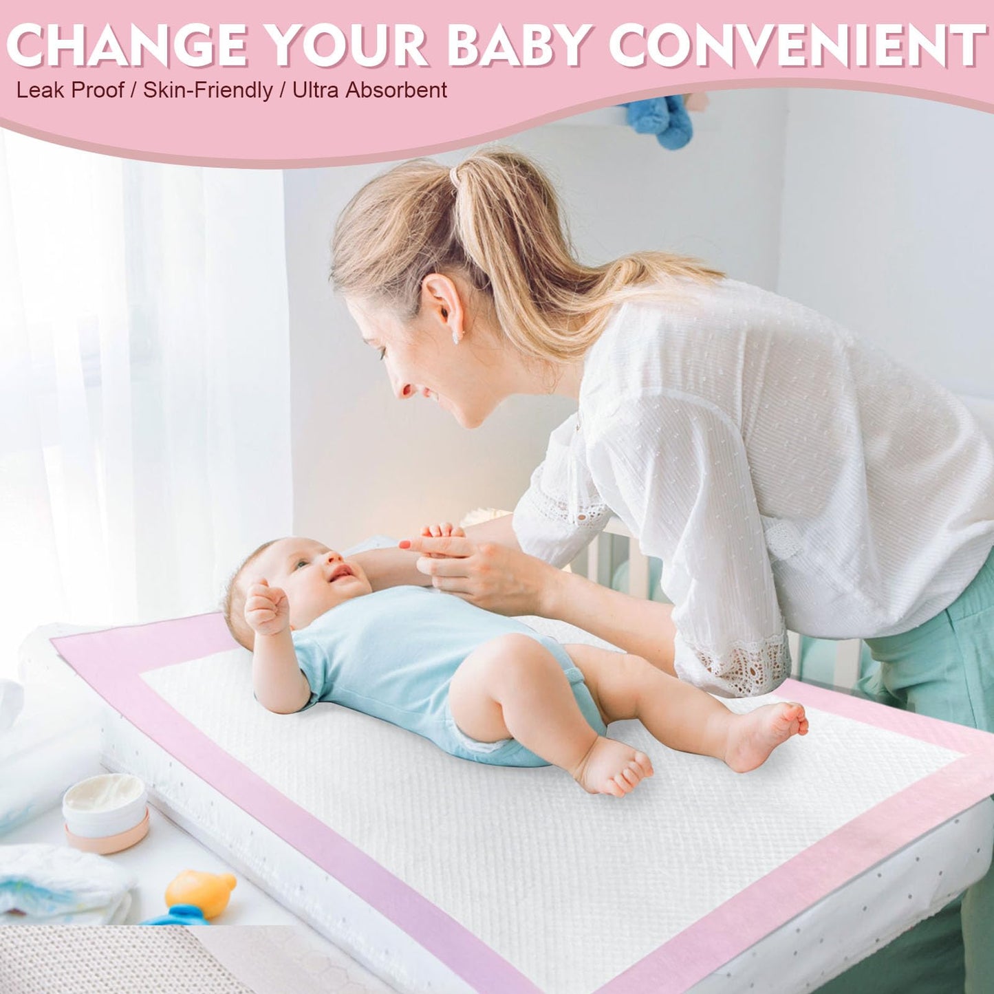 SKY-TOUCH  Baby Disposable Changing Mats,Waterproof Baby Changing Pads,  Highly Absorbent Leakproof Changing Pad Baby, Ultra soft Diaper Changing Mat Underpads for Baby Pink