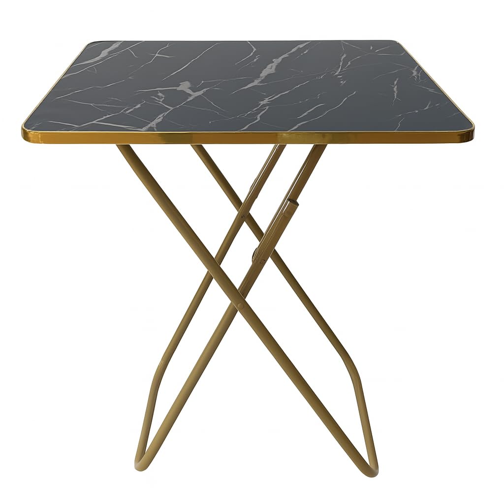 SKY-TOUCH Folding Table, Multi-Purpose Iftar Table with Black Marble-Look Wood Top Gold Metal Frame, for Prayer, Dining, Sofa Side, Outdoor & Bedroom, No Assembly, Portable & Space-Saving(60*60*70cm)