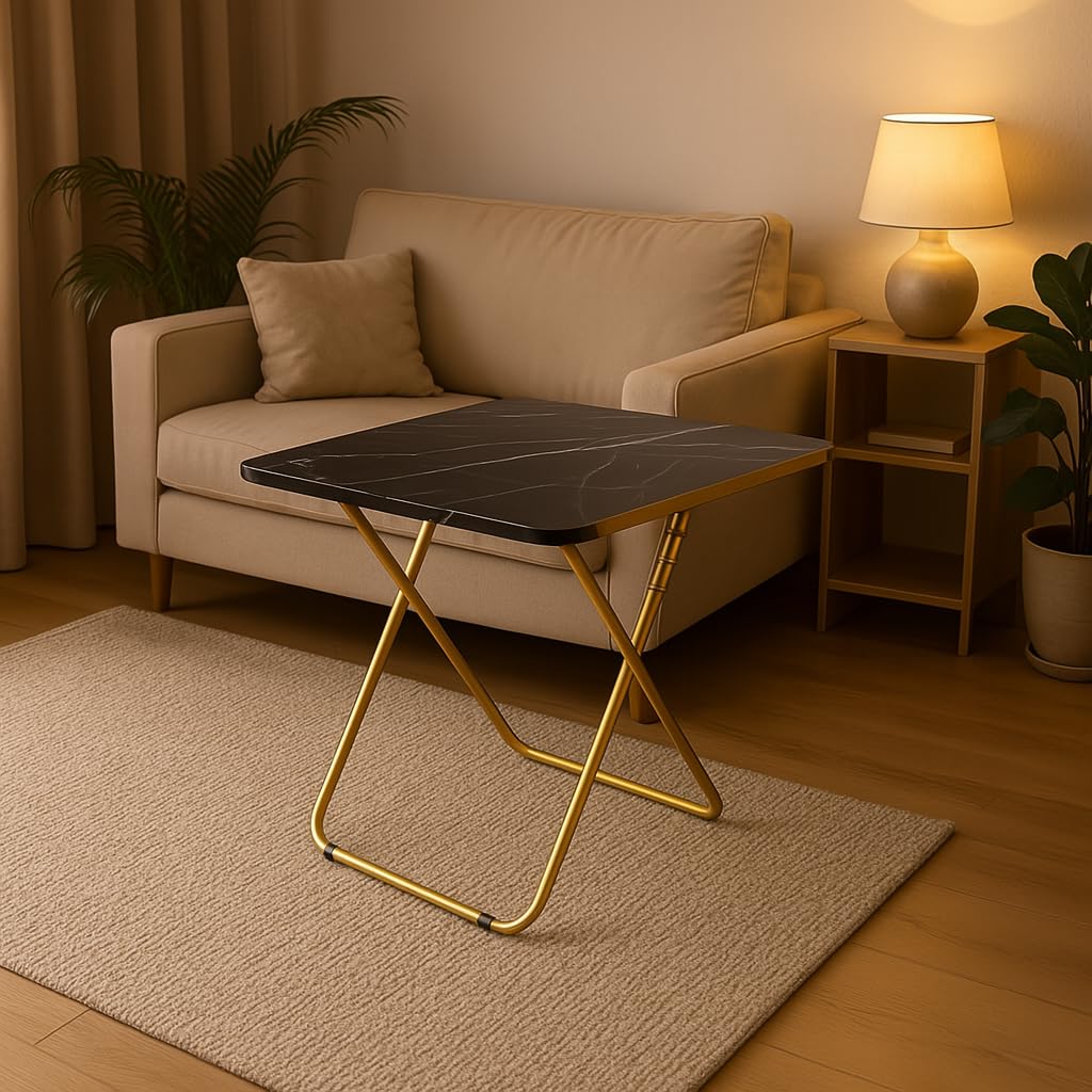 SKY-TOUCH Folding Table, Multi-Purpose Iftar Table with Black Marble-Look Wood Top Gold Metal Frame, for Prayer, Dining, Sofa Side, Outdoor & Bedroom, No Assembly, Portable & Space-Saving(60*60*70cm)
