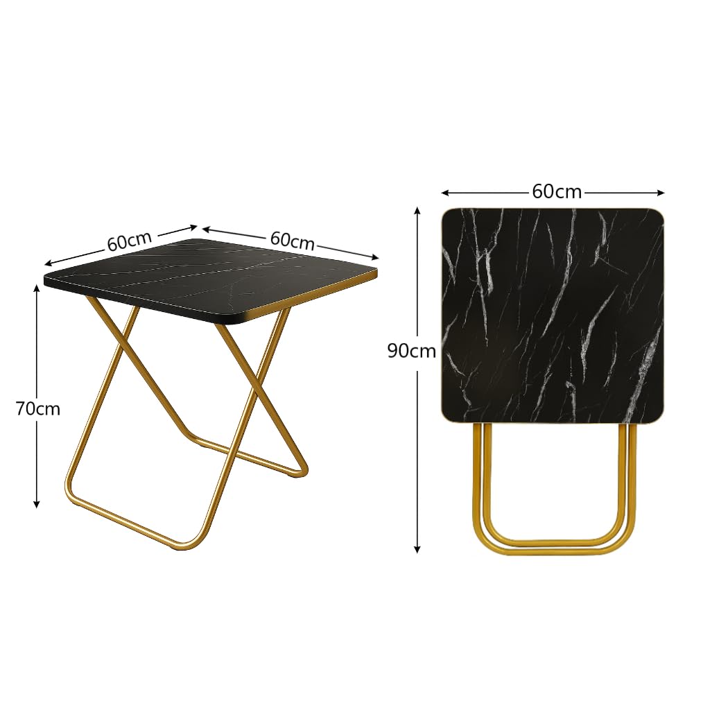 SKY-TOUCH Folding Table, Multi-Purpose Iftar Table with Black Marble-Look Wood Top Gold Metal Frame, for Prayer, Dining, Sofa Side, Outdoor & Bedroom, No Assembly, Portable & Space-Saving(60*60*70cm)