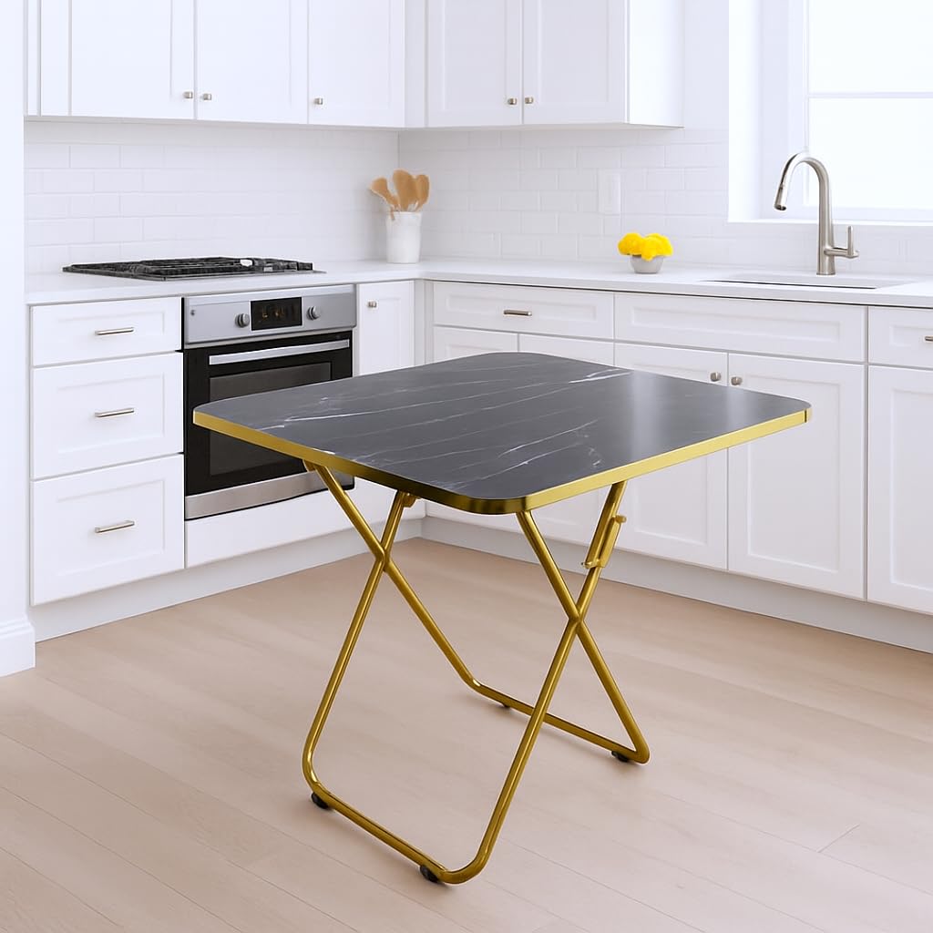 SKY-TOUCH Folding Table, Multi-Purpose Iftar Table with Black Marble-Look Wood Top Gold Metal Frame, for Prayer, Dining, Sofa Side, Outdoor & Bedroom, No Assembly, Portable & Space-Saving(60*60*70cm)