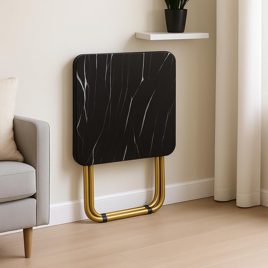 SKY-TOUCH Folding Table, Multi-Purpose Iftar Table with Black Marble-Look Wood Top Gold Metal Frame, for Prayer, Dining, Sofa Side, Outdoor & Bedroom, No Assembly, Portable & Space-Saving(60*60*70cm)