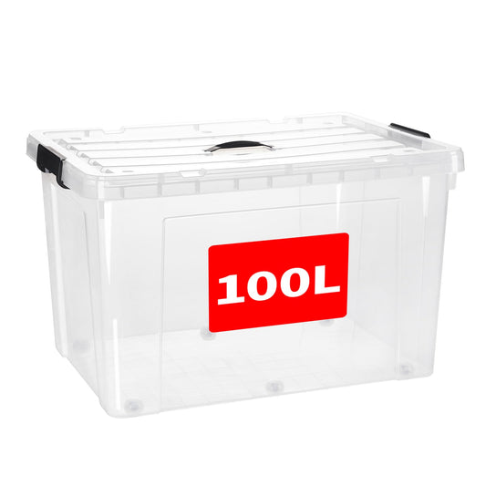 SKY-TOUCH Clear Plastic Storage Box with Lockable Lid & Wheels,Plastic Organizer Bin with Handles,for Storing Clothes, Toys, Tools