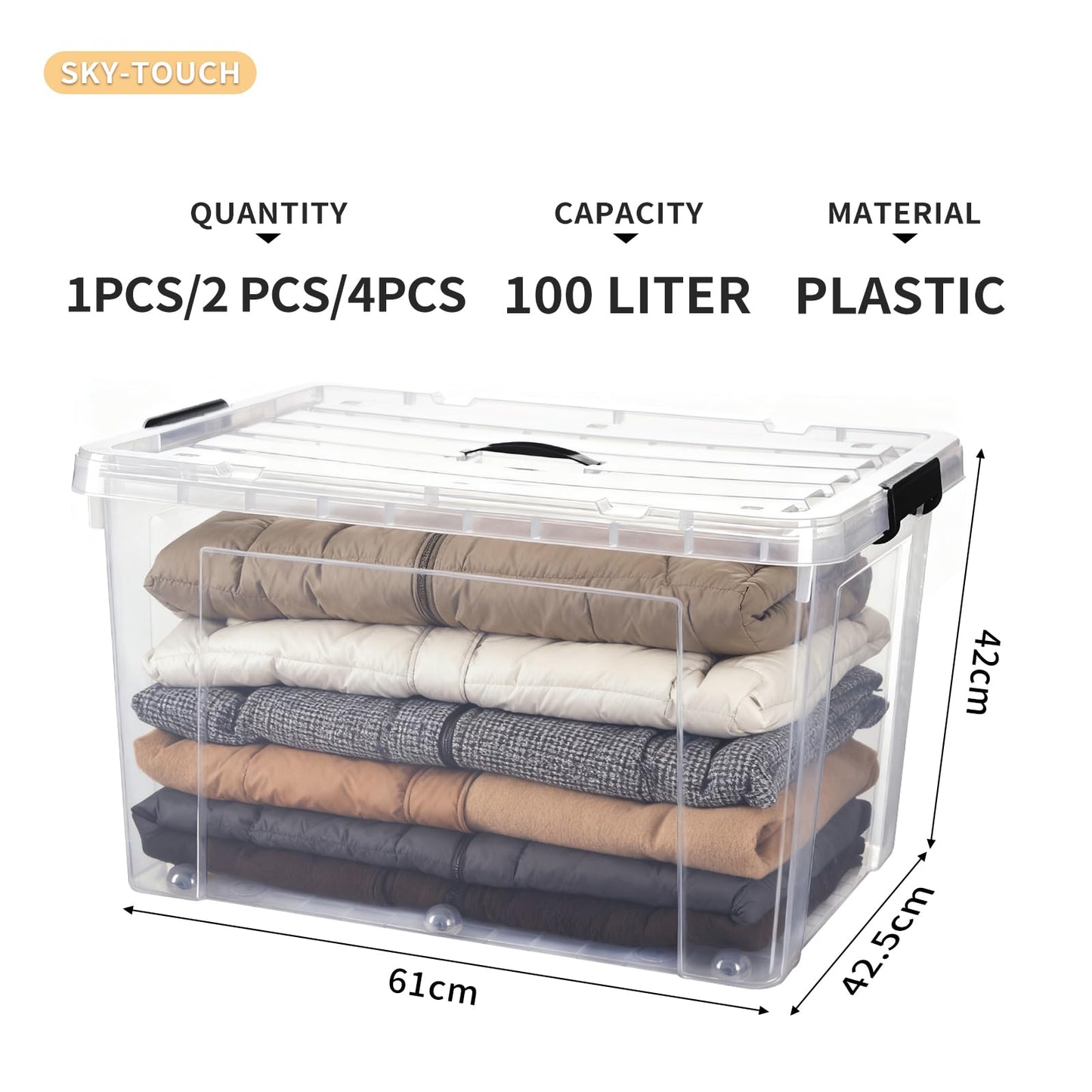 SKY-TOUCH Clear Plastic Storage Box with Lockable Lid & Wheels,Plastic Organizer Bin with Handles,for Storing Clothes, Toys, Tools