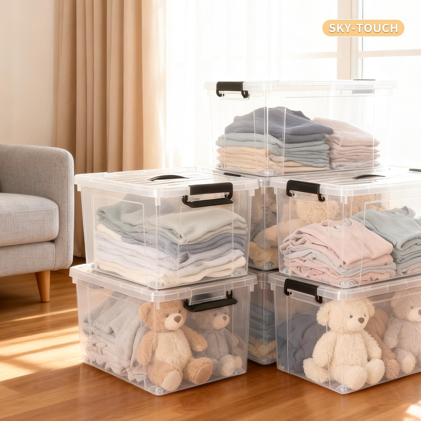 SKY-TOUCH Clear Plastic Storage Box with Lockable Lid & Wheels,Plastic Organizer Bin with Handles,for Storing Clothes, Toys, Tools