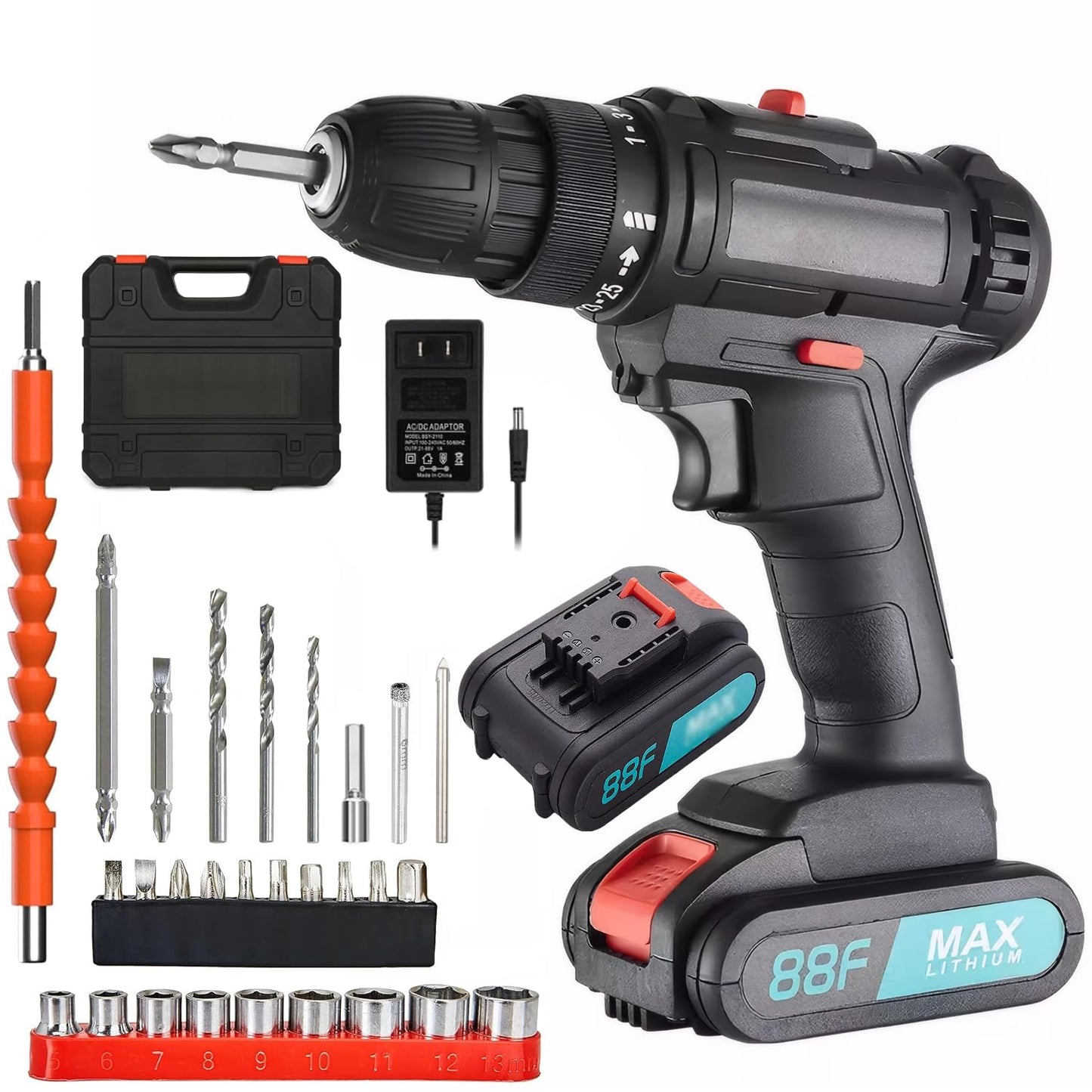 SKY-TOUCH 21V Cordless Drill Set with 2 Batteries, Charger, 28 Accessories and Storage Case, Electric Power Drill Kit with 2 Variable Speed, 25+1 Torque Settings, Forward/Reverse Control, LED Light