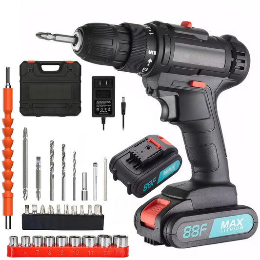 SKY-TOUCH 21V Cordless Drill Set with 2 Batteries, Charger, 28 Accessories and Storage Case, Electric Power Drill Kit with 2 Variable Speed, 25+1 Torque Settings, Forward/Reverse Control, LED Light