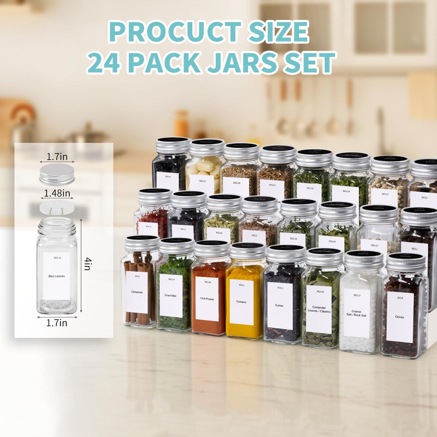 SKY-TOUCH 24 pack Glass Spice Jars with Shaker Lids,Seal Seasoning Jars with Labels for Kitchen,Spice,Cabinet, Drawer,120ml Glass,with Collapsible Funnel and Mark pen