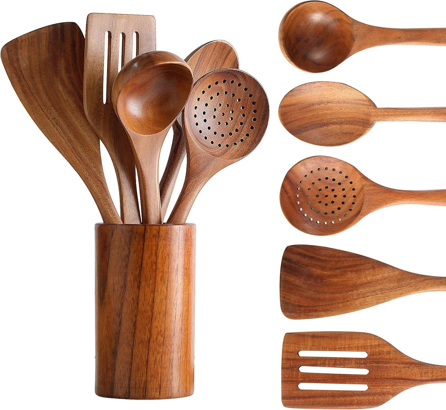 SKY-TOUCH Wooden Spoons for Cooking Set of 6, Wooden Utensils for Cooking Utensils Set with Utensil Holder, Spoons, Ladles, Strainer Spoon, Salad Fork, Suitable For Various Cooking Needs