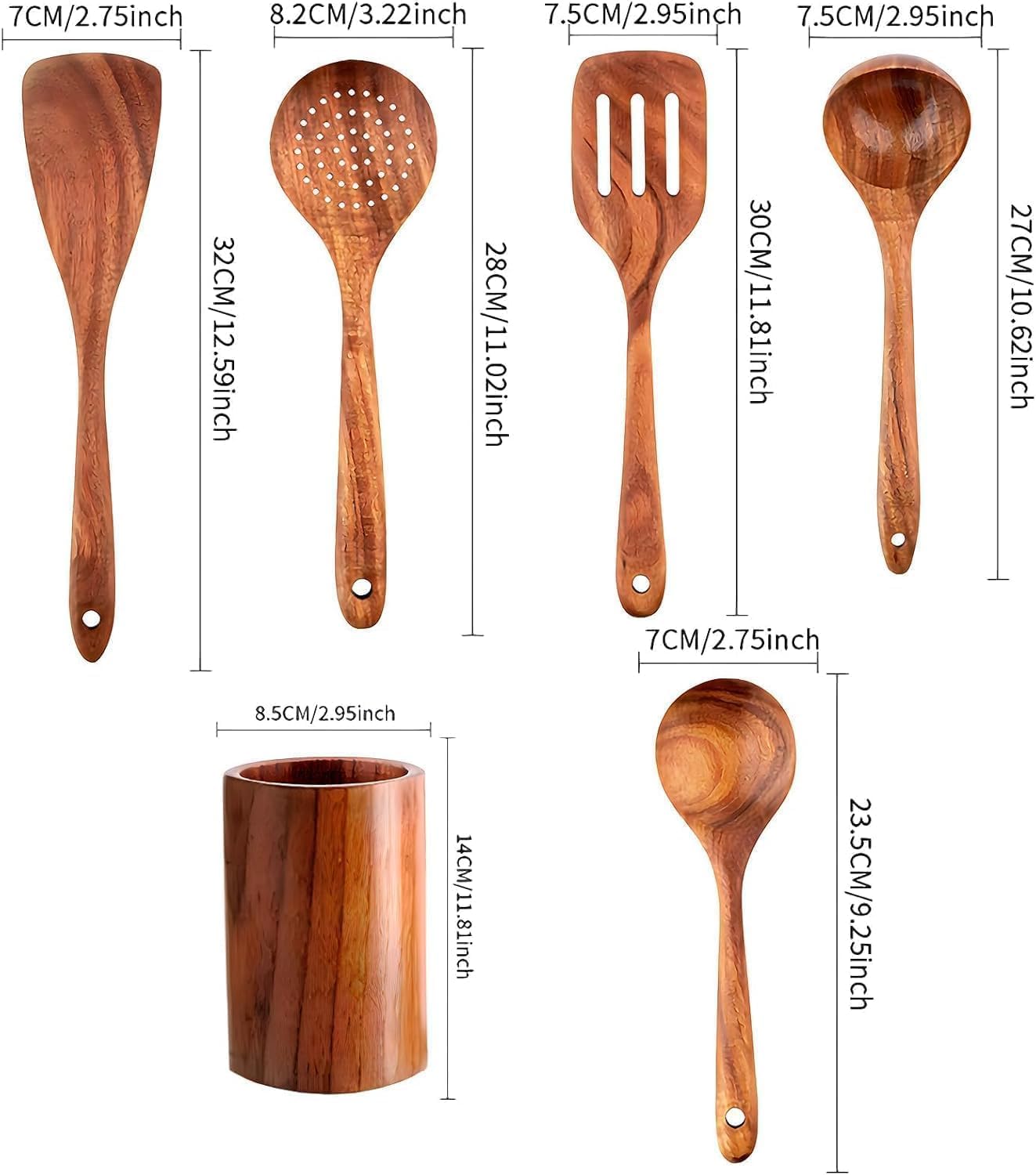 SKY-TOUCH Wooden Spoons for Cooking Set of 6, Wooden Utensils for Cooking Utensils Set with Utensil Holder, Spoons, Ladles, Strainer Spoon, Salad Fork, Suitable For Various Cooking Needs