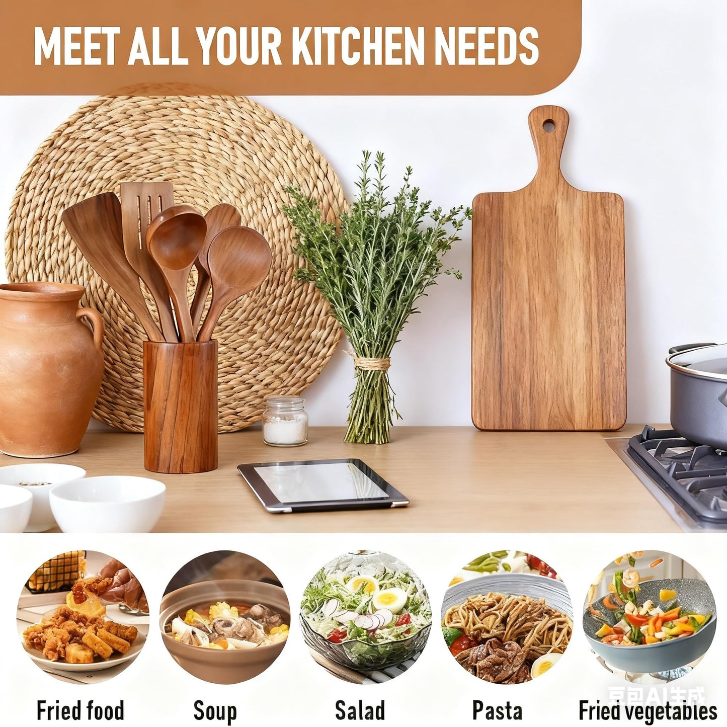 SKY-TOUCH Wooden Spoons for Cooking Set of 6, Wooden Utensils for Cooking Utensils Set with Utensil Holder, Spoons, Ladles, Strainer Spoon, Salad Fork, Suitable For Various Cooking Needs