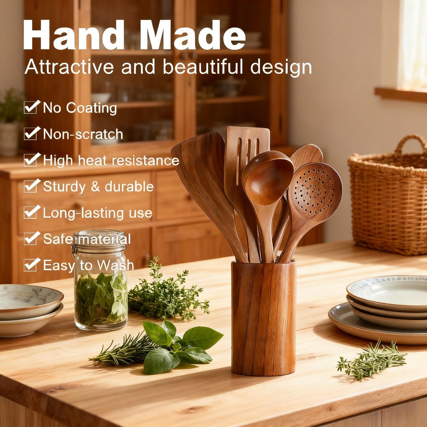 SKY-TOUCH Wooden Spoons for Cooking Set of 6, Wooden Utensils for Cooking Utensils Set with Utensil Holder, Spoons, Ladles, Strainer Spoon, Salad Fork, Suitable For Various Cooking Needs