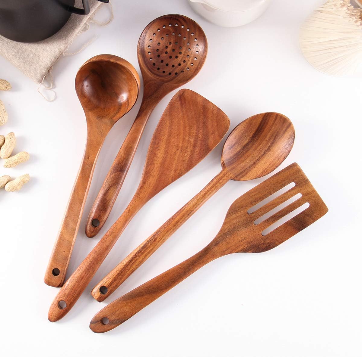SKY-TOUCH Wooden Spoons for Cooking Set of 6, Wooden Utensils for Cooking Utensils Set with Utensil Holder, Spoons, Ladles, Strainer Spoon, Salad Fork, Suitable For Various Cooking Needs