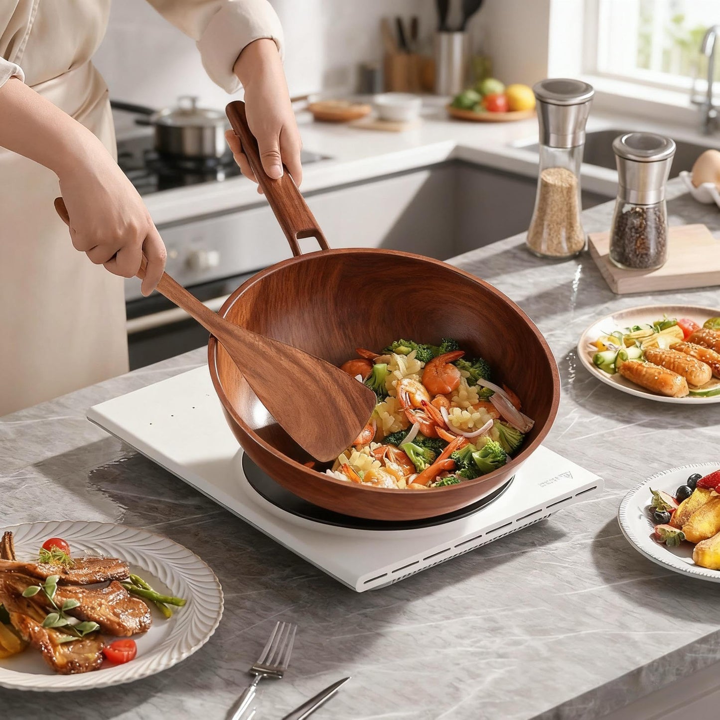SKY-TOUCH Wooden Spoons for Cooking Set of 6, Wooden Utensils for Cooking Utensils Set with Utensil Holder, Spoons, Ladles, Strainer Spoon, Salad Fork, Suitable For Various Cooking Needs