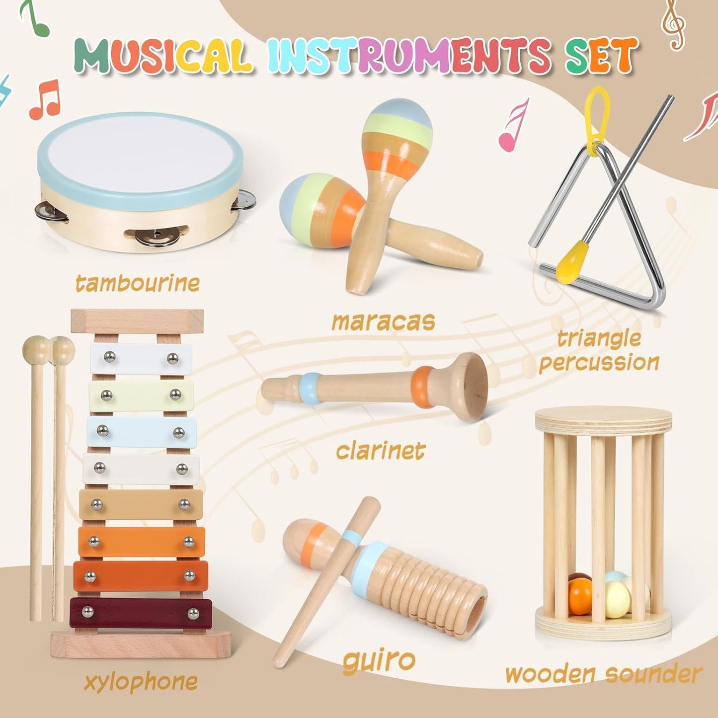 SKY-TOUCH Montessori Wooden Musical Instrument Set, Percussion Baby Xylophone Toy, Children's Birthday Gift, Baby Music Educational Toy, with Storage Bag, Suitable for Children Over 12 Months+