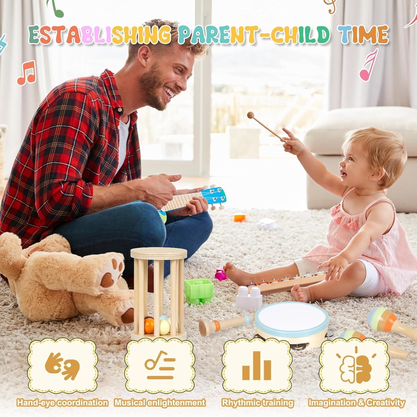 SKY-TOUCH Montessori Wooden Musical Instrument Set, Percussion Baby Xylophone Toy, Children's Birthday Gift, Baby Music Educational Toy, with Storage Bag, Suitable for Children Over 12 Months+