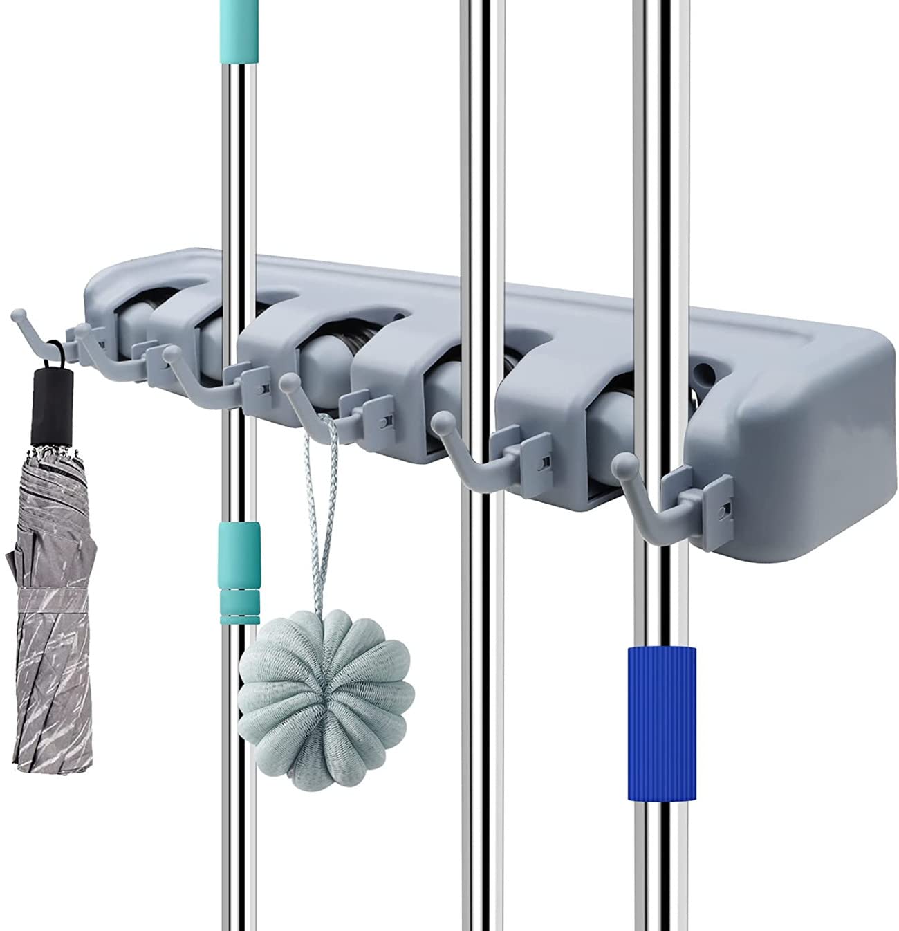 SKY-TOUCH Mop and Broom Holder, Wall Mounted Organizer Mop and Broom Saving Space Storage Rack For Kitchen Garden And Garage,Laundry Offices,5 Position With 6 Hooks