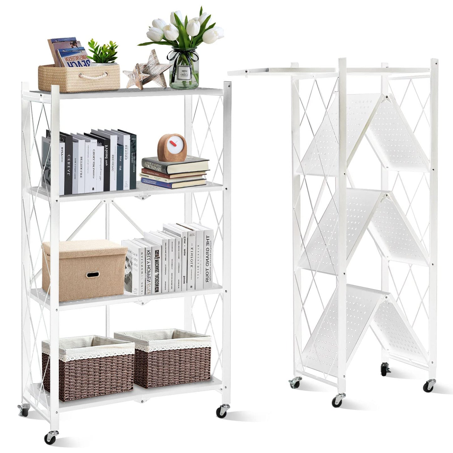 SKY-TOUCH 4 Tier Thickened Foldable Storage Shelves with Wheels, Heavy-Duty Metal Standing Shelf Units, Large Capacity Storage Racks for Kitchen, Garage, Basement, Tool Room, No Assembly (White)