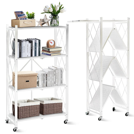 SKY-TOUCH 4 Tier Thickened Foldable Storage Shelves with Wheels, Heavy-Duty Metal Standing Shelf Units, Large Capacity Storage Racks for Kitchen, Garage, Basement, Tool Room, No Assembly (White)