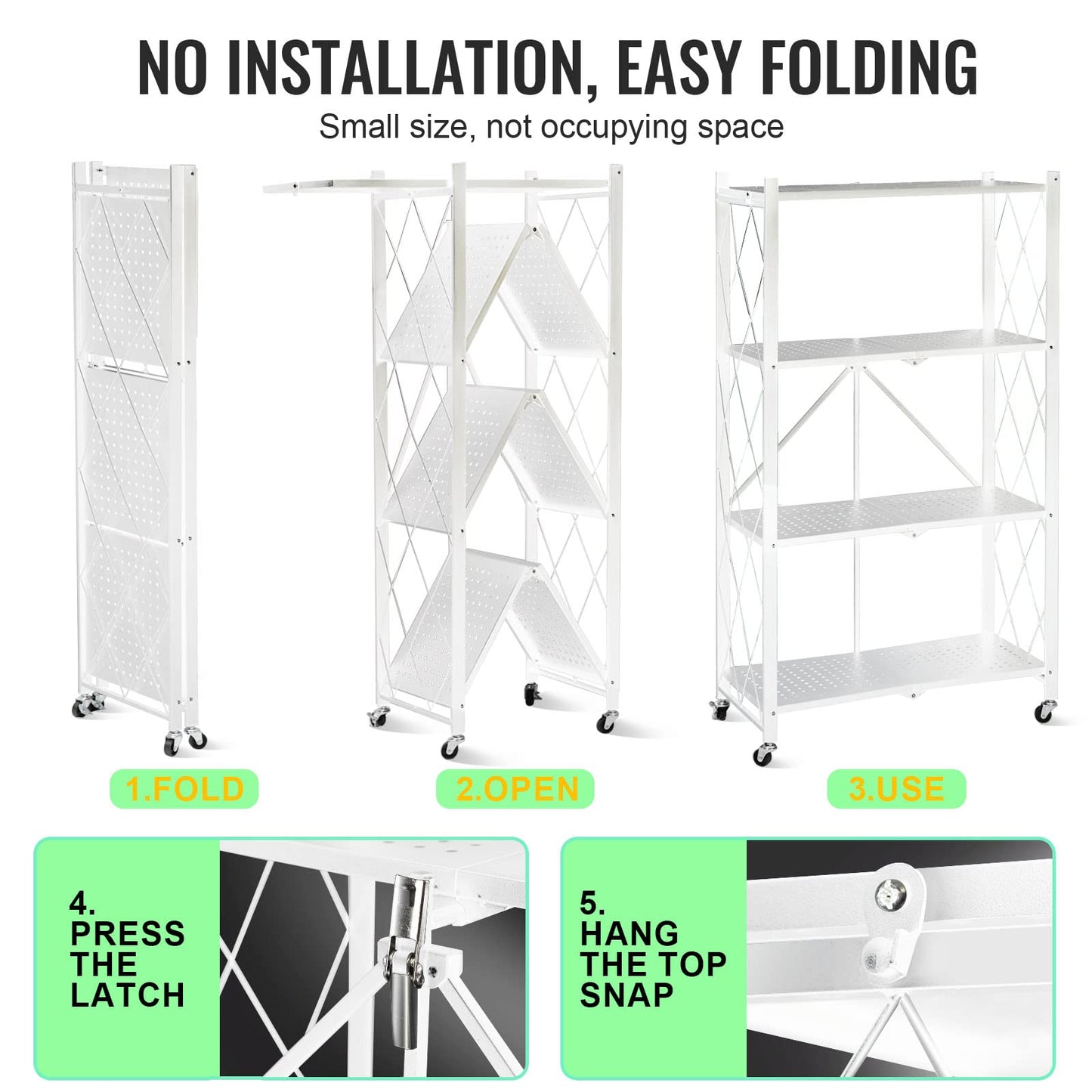 SKY-TOUCH 4 Tier Thickened Foldable Storage Shelves with Wheels, Heavy-Duty Metal Standing Shelf Units, Large Capacity Storage Racks for Kitchen, Garage, Basement, Tool Room, No Assembly (White)