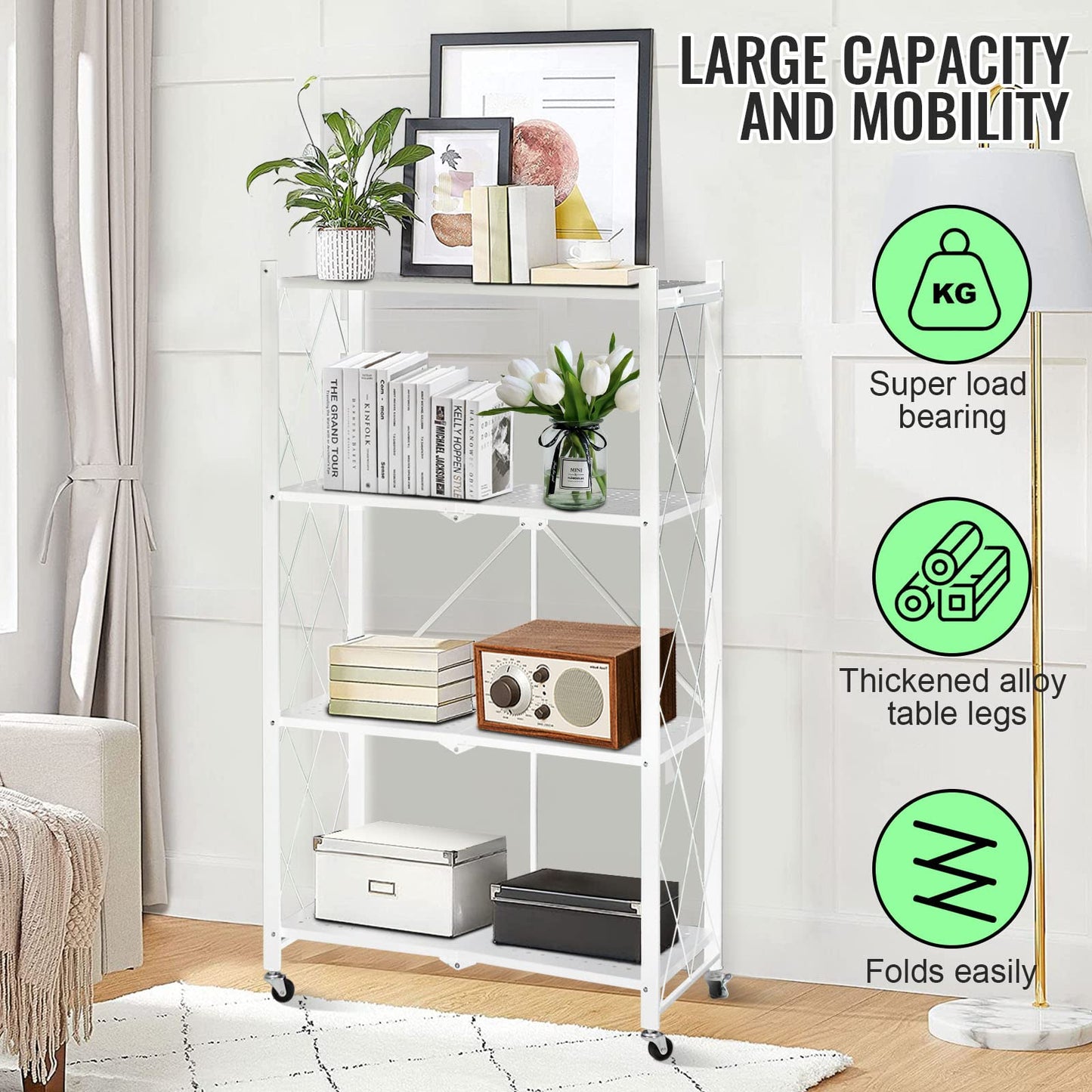 SKY-TOUCH 4 Tier Thickened Foldable Storage Shelves with Wheels, Heavy-Duty Metal Standing Shelf Units, Large Capacity Storage Racks for Kitchen, Garage, Basement, Tool Room, No Assembly (White)