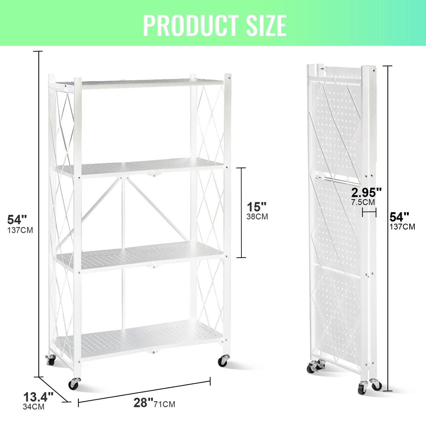 SKY-TOUCH 4 Tier Thickened Foldable Storage Shelves with Wheels, Heavy-Duty Metal Standing Shelf Units, Large Capacity Storage Racks for Kitchen, Garage, Basement, Tool Room, No Assembly (White)