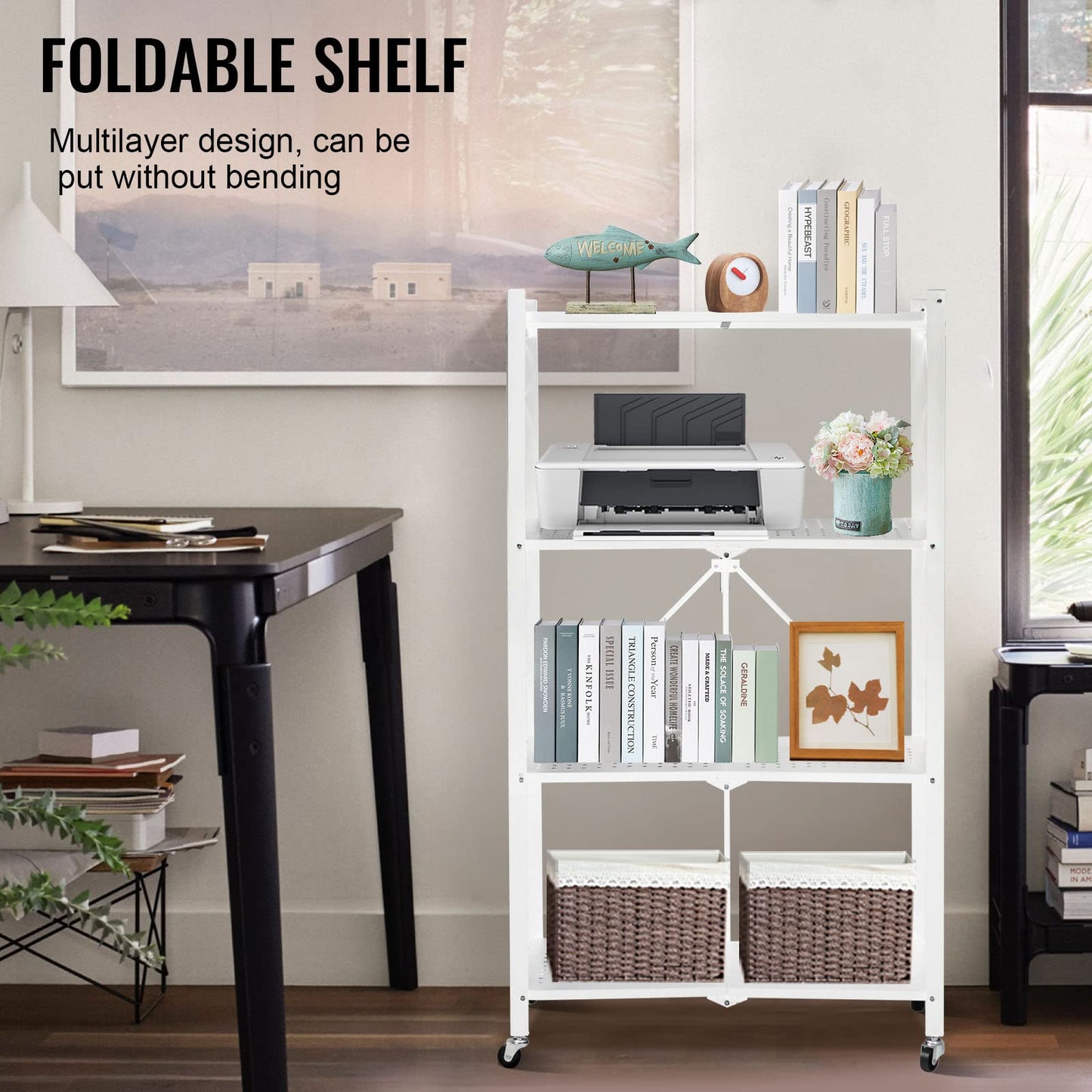 SKY-TOUCH 4 Tier Thickened Foldable Storage Shelves with Wheels, Heavy-Duty Metal Standing Shelf Units, Large Capacity Storage Racks for Kitchen, Garage, Basement, Tool Room, No Assembly (White)