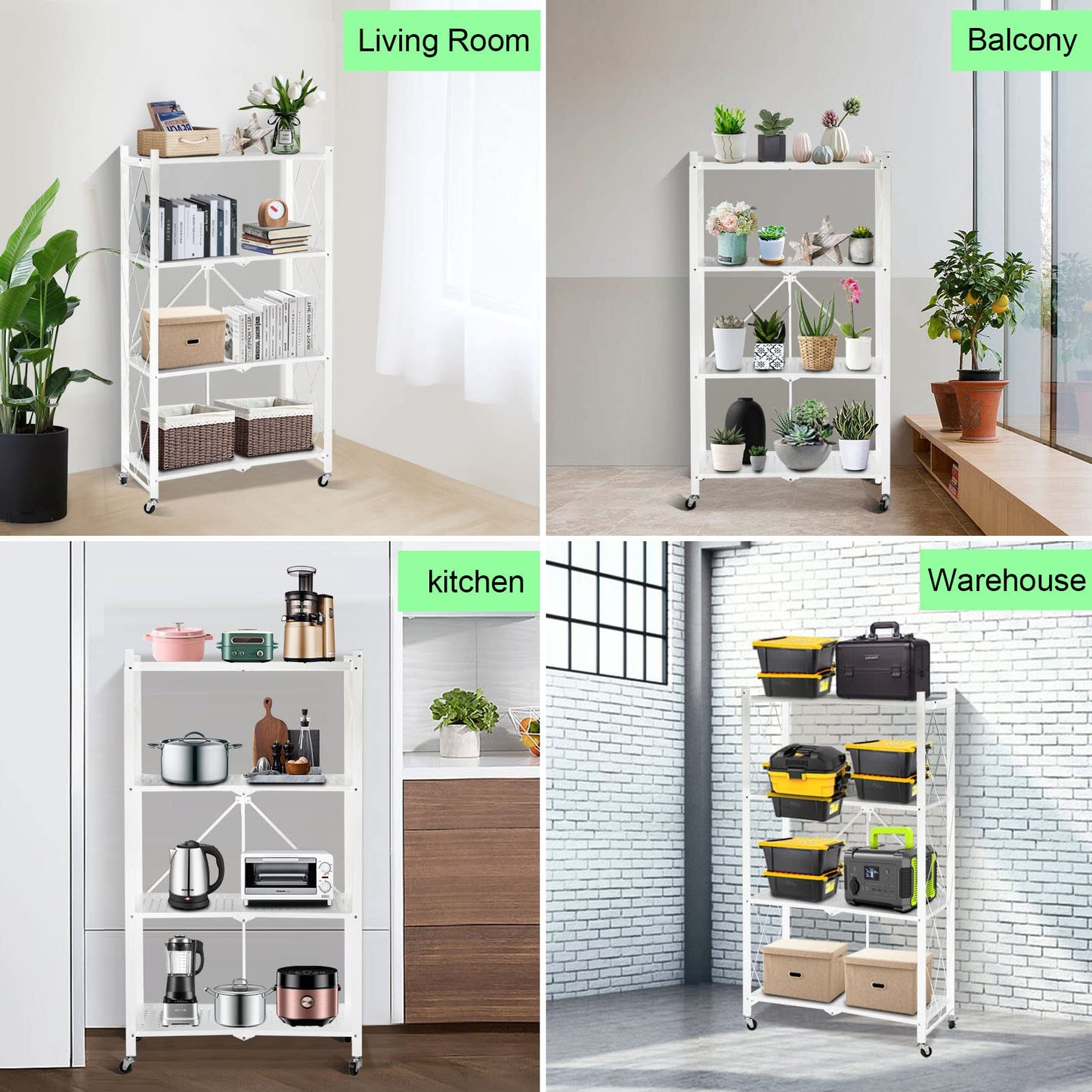 SKY-TOUCH 4 Tier Thickened Foldable Storage Shelves with Wheels, Heavy-Duty Metal Standing Shelf Units, Large Capacity Storage Racks for Kitchen, Garage, Basement, Tool Room, No Assembly (White)