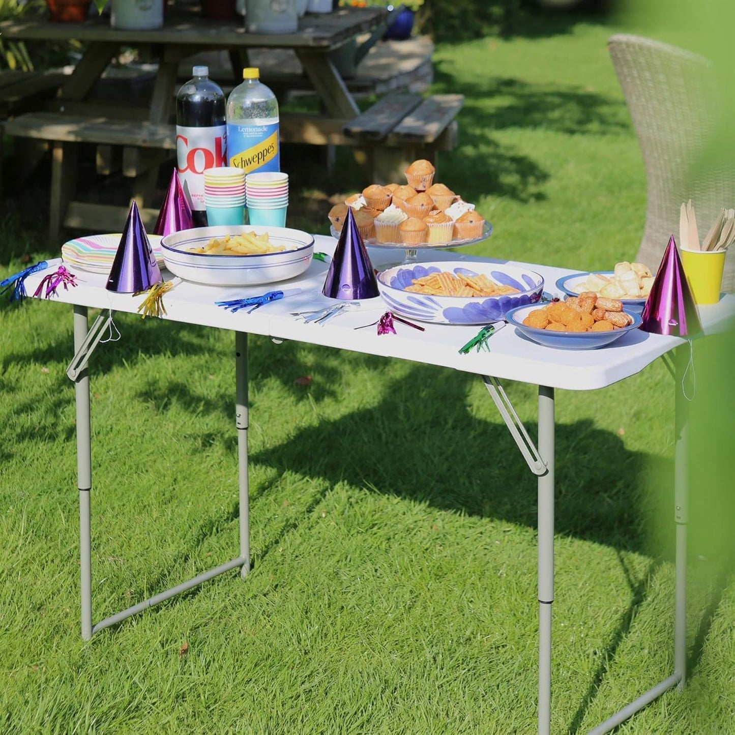 SKY-TOUCH Lightweight Folding Trestle Table, 120x60x75cm, Heavy-Duty Plastic Picnic and Camping Table with Carry Handle, Foldable for BBQ and Outdoor Parties, White
