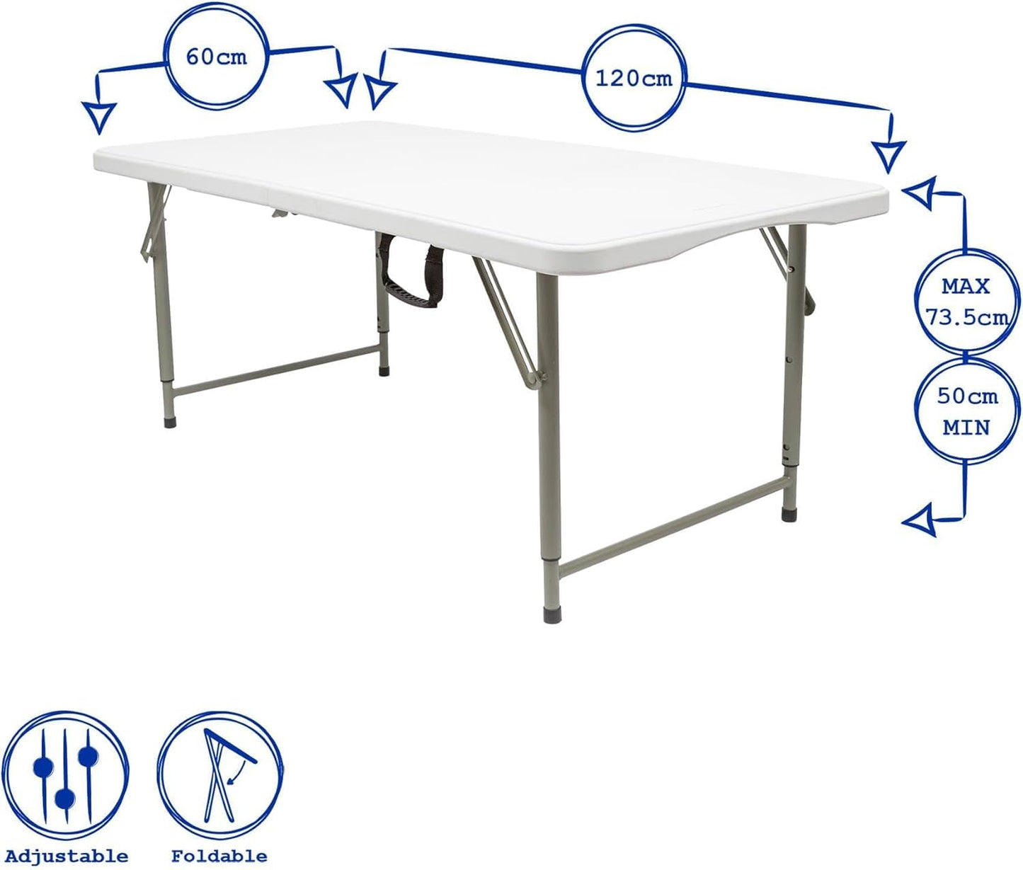 SKY-TOUCH Lightweight Folding Trestle Table, 120x60x75cm, Heavy-Duty Plastic Picnic and Camping Table with Carry Handle, Foldable for BBQ and Outdoor Parties, White