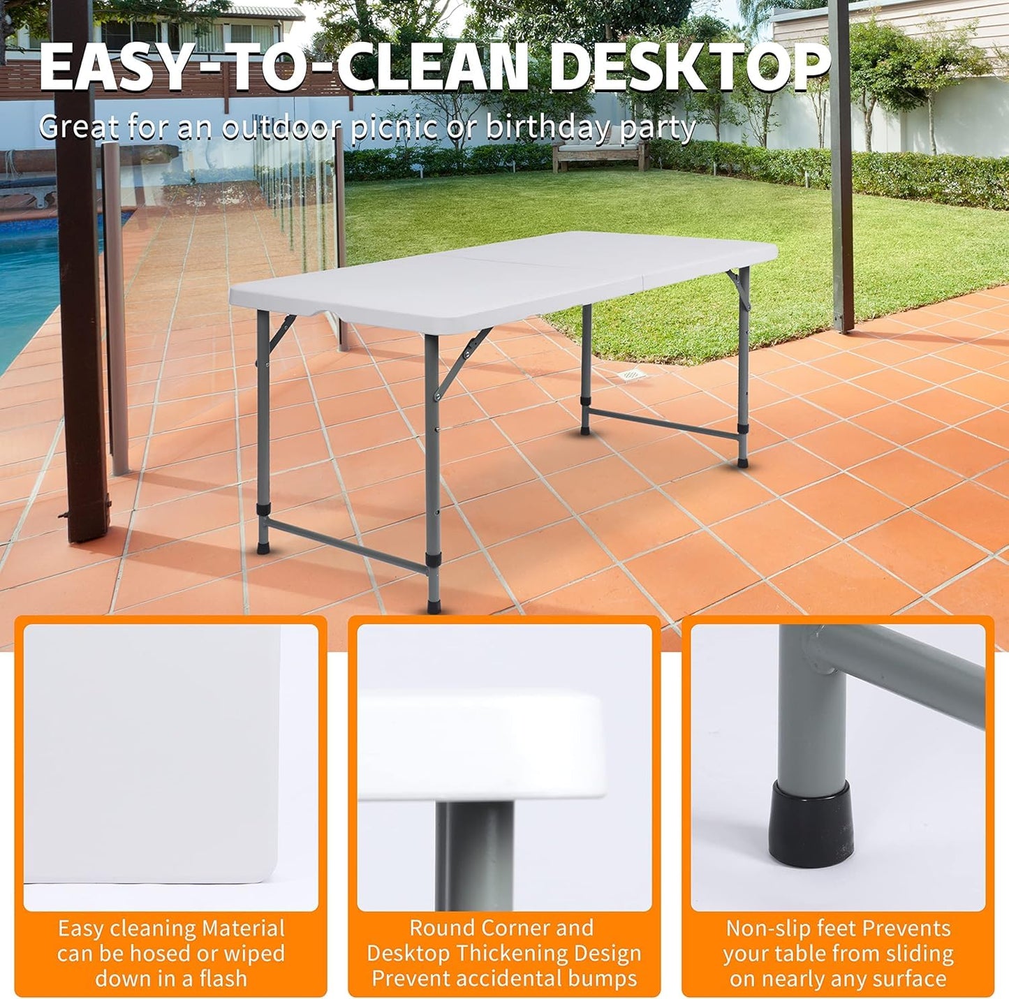 SKY-TOUCH Lightweight Folding Trestle Table, 120x60x75cm, Heavy-Duty Plastic Picnic and Camping Table with Carry Handle, Foldable for BBQ and Outdoor Parties, White