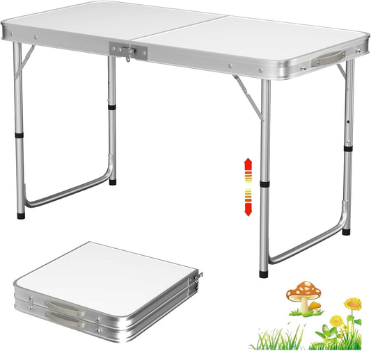 SKY-TOUCH Folding Trestle Outdoor Camping Table, Height Adjustable Aluminum Alloy Folding Picnic Table, Portable Folding Table for Camping and Picnic - Folds in Half with Carry Handle,120×60×70cm