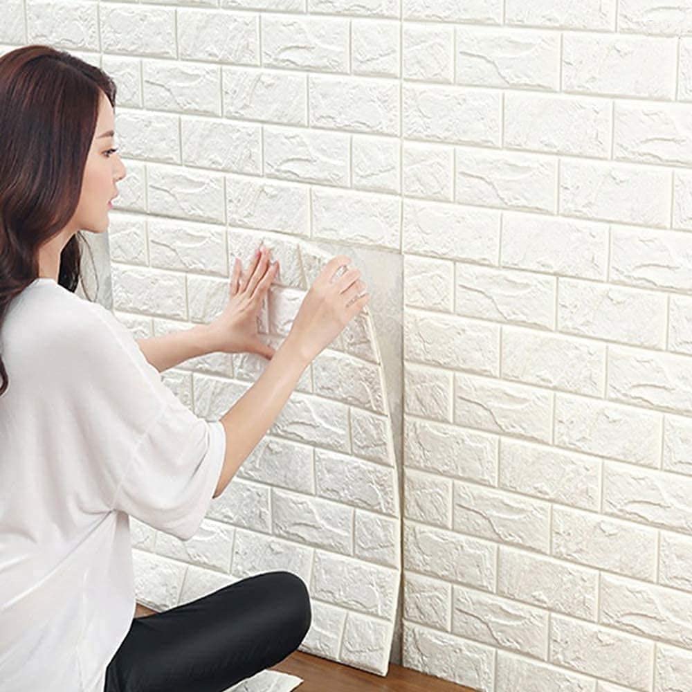 SKY-TOUCH 10pcs 3D Wall Sticker Self-Adhesive Wall Panels : Anti-Collision Soft Package Decorative Wall Panel Waterproof Wallpaper for Living Room TV Wall Bedroom Home Decor (70×77cm) White