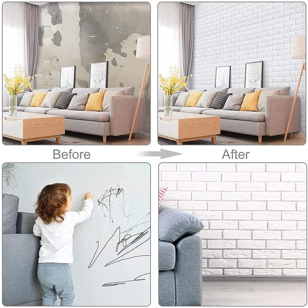 SKY-TOUCH 10pcs 3D Wall Sticker Self-Adhesive Wall Panels : Anti-Collision Soft Package Decorative Wall Panel Waterproof Wallpaper for Living Room TV Wall Bedroom Home Decor (70×77cm) White