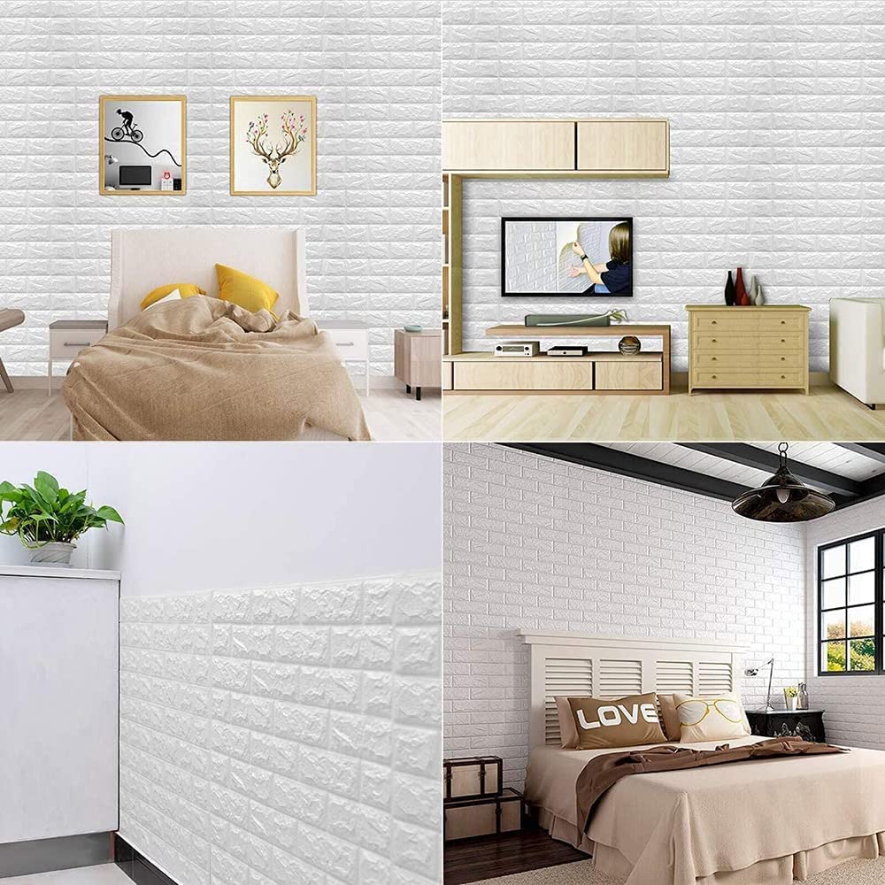 SKY-TOUCH 10pcs 3D Wall Sticker Self-Adhesive Wall Panels : Anti-Collision Soft Package Decorative Wall Panel Waterproof Wallpaper for Living Room TV Wall Bedroom Home Decor (70×77cm) White