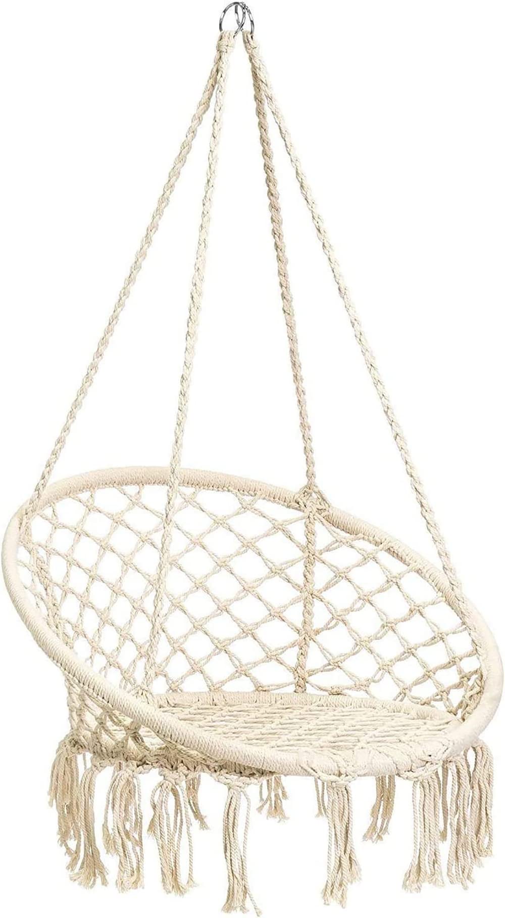 SKY-TOUCH Hanging Hammock Chair,Comfortable Sturdy Macrame Hanging Swing Chair,Knitted by Cotton Rope with Romantic Fringes For Indoor Outdoor Bedroom Patio Yard Garden Balcony 80×80×42cm creamy-white