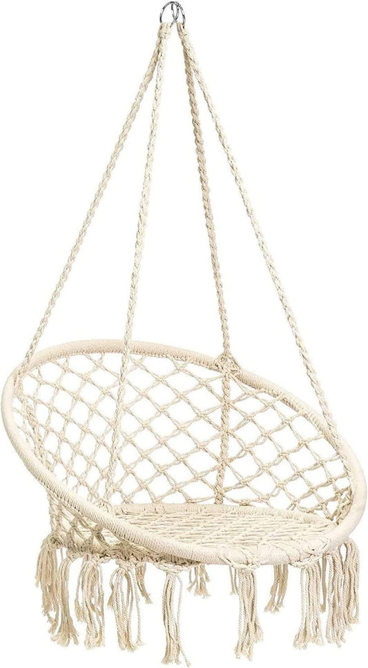 SKY-TOUCH Hanging Hammock Chair,Comfortable Sturdy Macrame Hanging Swing Chair,Knitted by Cotton Rope with Romantic Fringes For Indoor Outdoor Bedroom Patio Yard Garden Balcony 80×80×42cm creamy-white