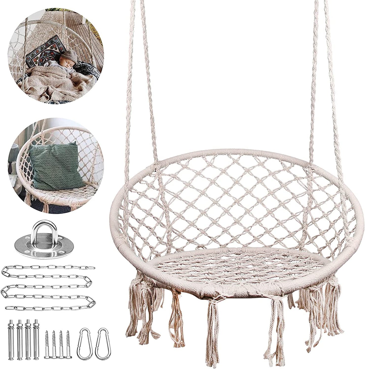 SKY-TOUCH Hanging Hammock Chair,Comfortable Sturdy Macrame Hanging Swing Chair,Knitted by Cotton Rope with Romantic Fringes For Indoor Outdoor Bedroom Patio Yard Garden Balcony 80×80×42cm creamy-white