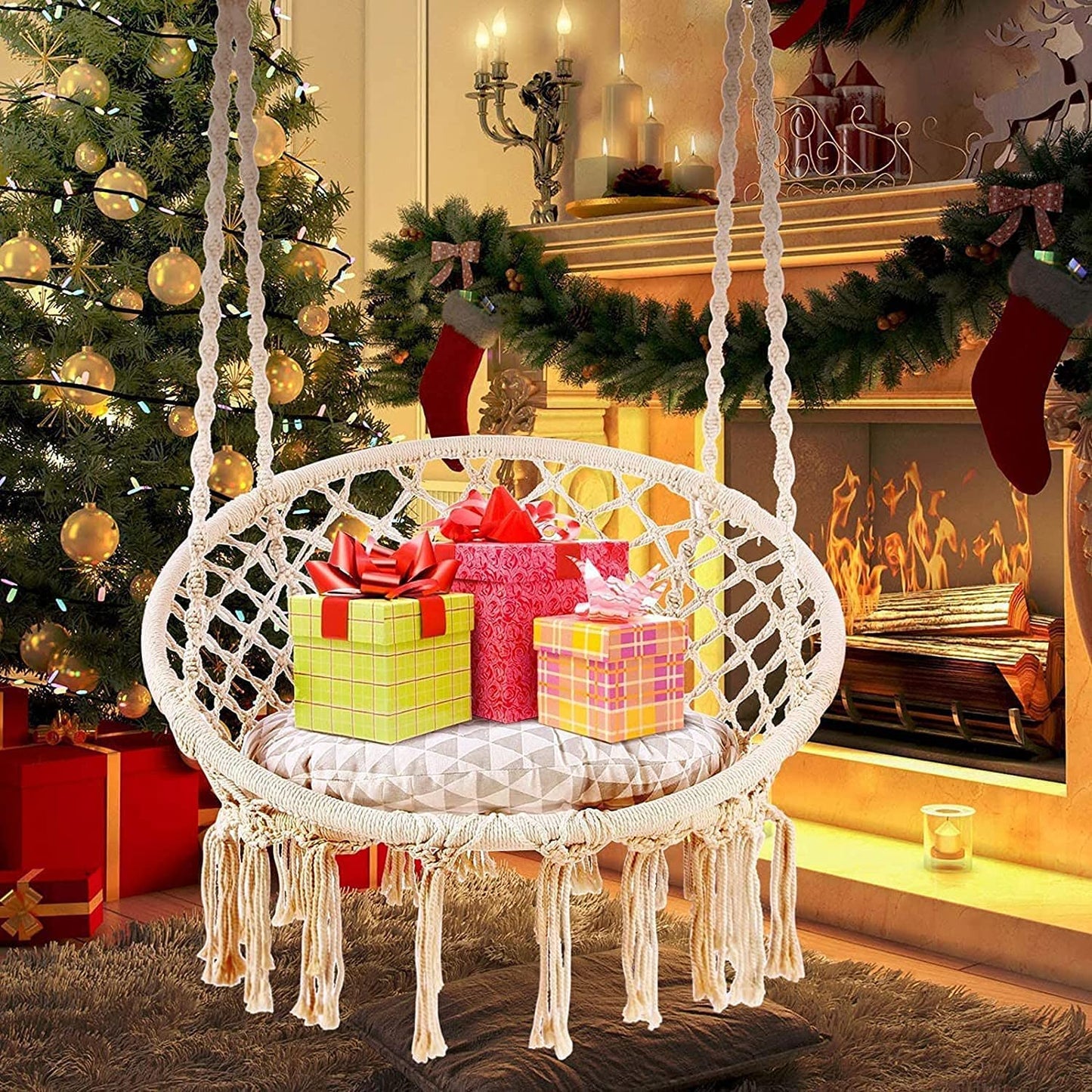 SKY-TOUCH Hanging Hammock Chair,Comfortable Sturdy Macrame Hanging Swing Chair,Knitted by Cotton Rope with Romantic Fringes For Indoor Outdoor Bedroom Patio Yard Garden Balcony 80×80×42cm creamy-white