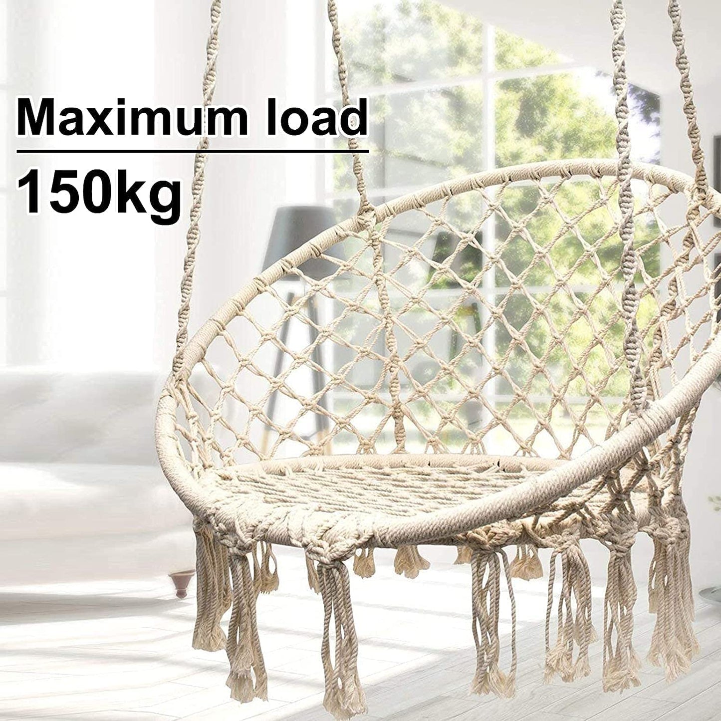 SKY-TOUCH Hanging Hammock Chair,Comfortable Sturdy Macrame Hanging Swing Chair,Knitted by Cotton Rope with Romantic Fringes For Indoor Outdoor Bedroom Patio Yard Garden Balcony 80×80×42cm creamy-white