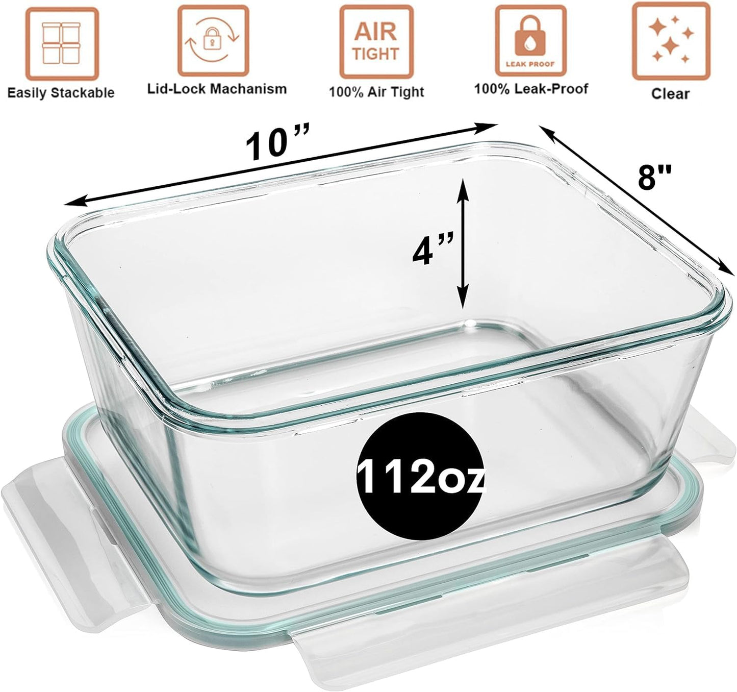 14 Cup/ 112 oz LARGE Glass Food Storage Container with Locking Lid. Ideal for Storing food, Vegetables or Fruits. Baking Casserole, Lasagna, Baking, Roasting chicken & lot of other tasty Food BPA Free