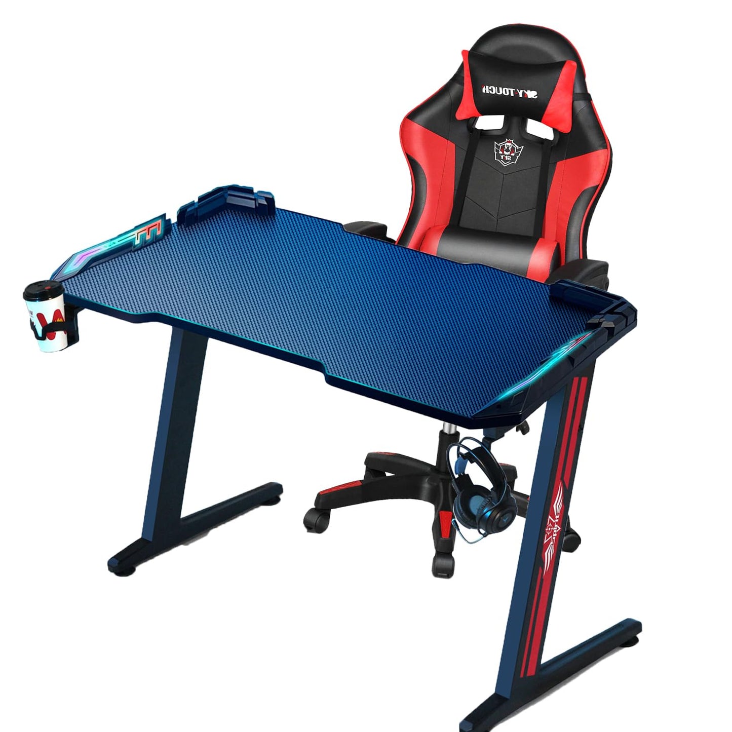 SKY-TOUCH Ergonomic Gaming Desk+Gaming Chair suit,Z Shaped for Pc,with LED Lights Carbon Fiber Surface,Cup Holder and Headphone Hook,Ergonomic design Lumbar Support Adjustable Computer Chair,Red