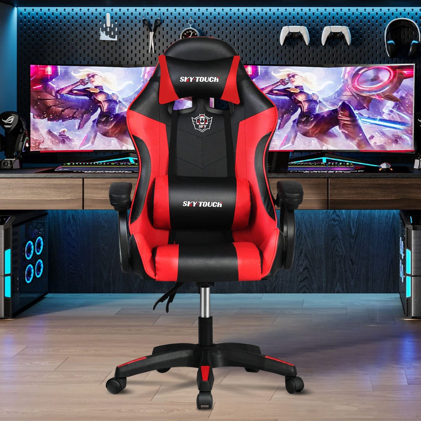 SKY-TOUCH Ergonomic Gaming Desk+Gaming Chair suit,Z Shaped for Pc,with LED Lights Carbon Fiber Surface,Cup Holder and Headphone Hook,Ergonomic design Lumbar Support Adjustable Computer Chair,Red